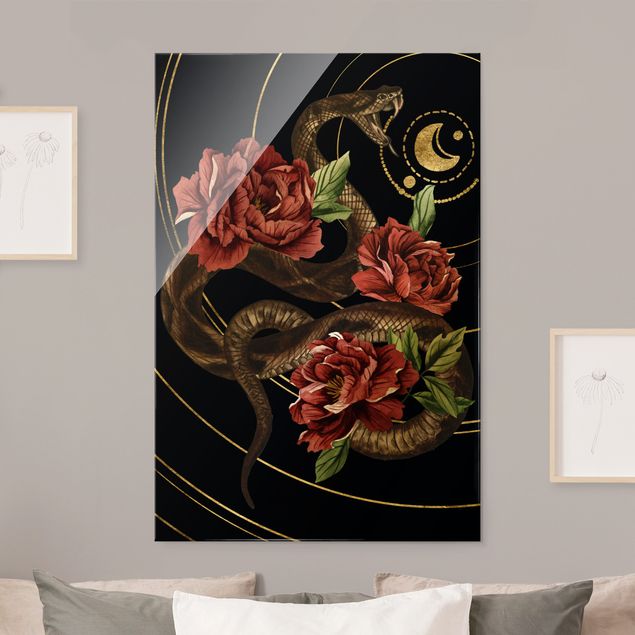 Lavagna magnetica in vetro Serpente con rose nero e oro II