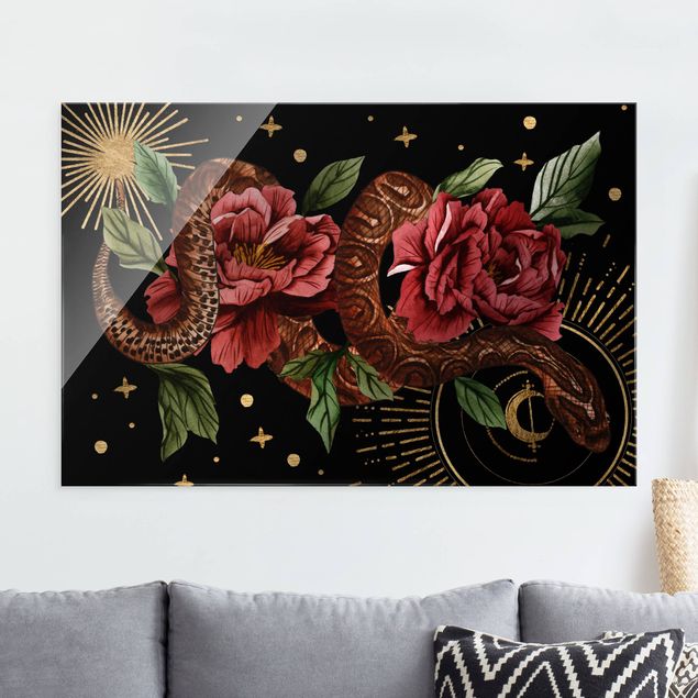 stampe animali Serpenti con rose su oro e nero II