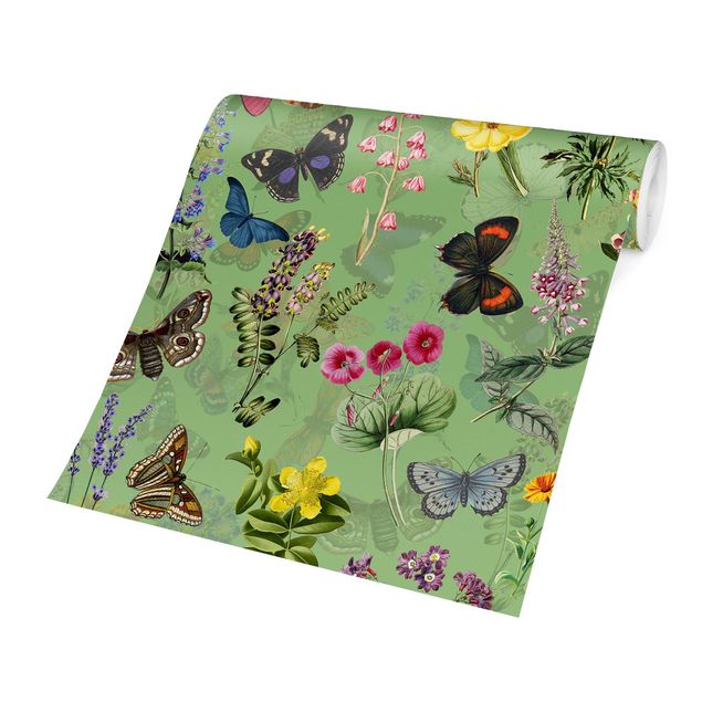 Carta da parati - Farfalle con fiori su sfondo verde