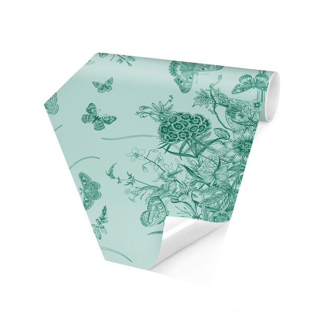 Carta da parati esagonale adesiva con disegni - Farfalle attorno a isola di fiori in verde II