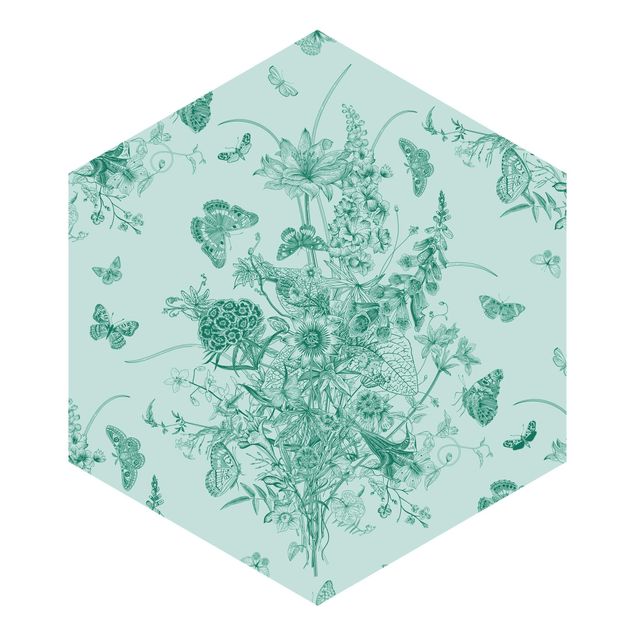 Carta da parati esagonale adesiva con disegni - Farfalle attorno a isola di fiori in verde II