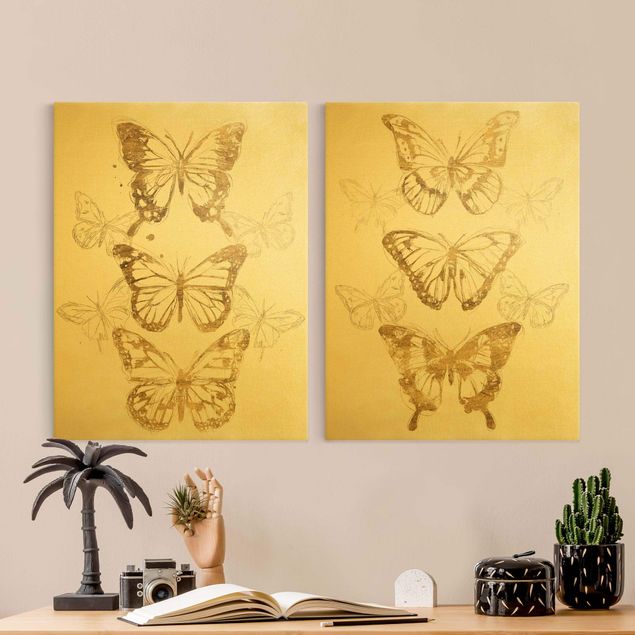 Quadri su tela animali Composizioni di farfalle oro