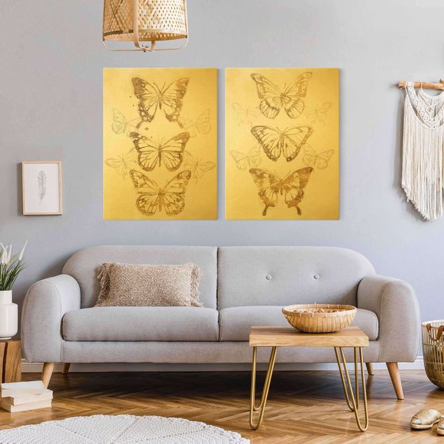 Riproduzione quadri su tela Composizioni di farfalle oro