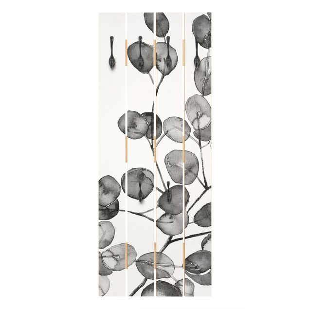 Appendiabiti in legno - Ramo di eucalipto in acquerello bianco e nero