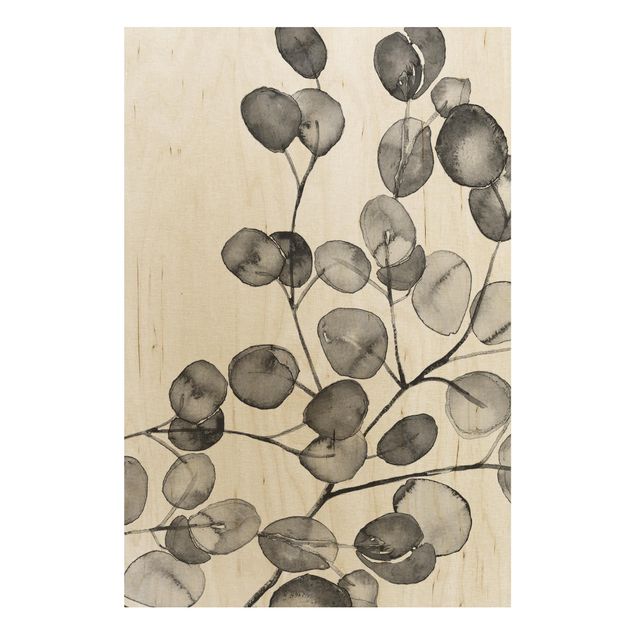 Stampa su legno - Ramo di eucalipto in acquerello bianco e nero