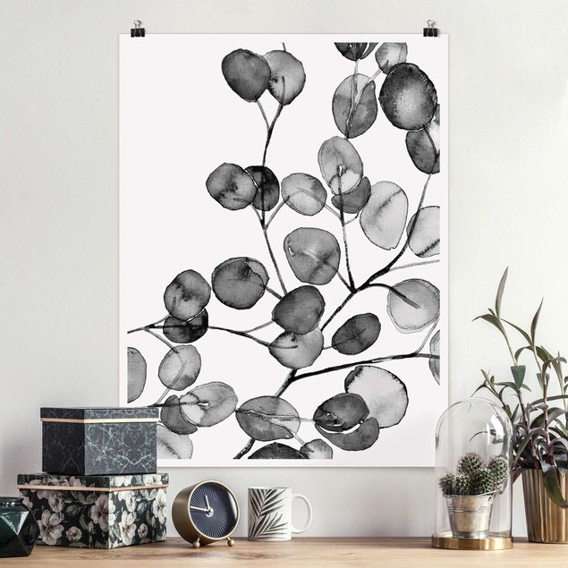 Poster acquerello Acquerello di ramoscelli di eucalipto in bianco e nero