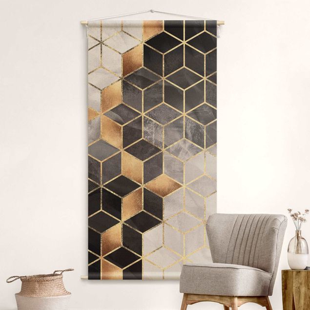 Arazzi da parete xxl Geometria dorata con bianco e nero