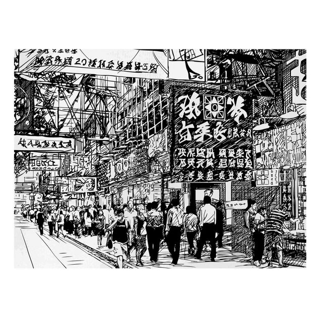 Stampa su tela - Disegno in bianco e nero strada asiatica II