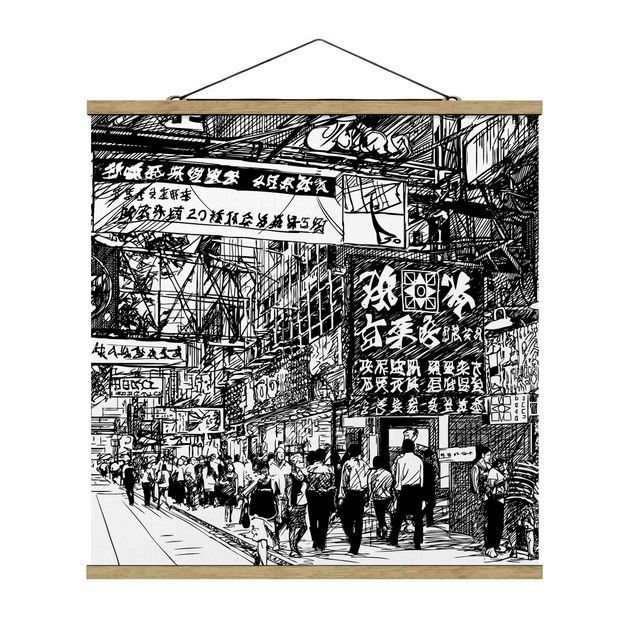 Foto su tessuto da parete con bastone - Disegno in bianco e nero strada asiatica II - Quadrato 1:1