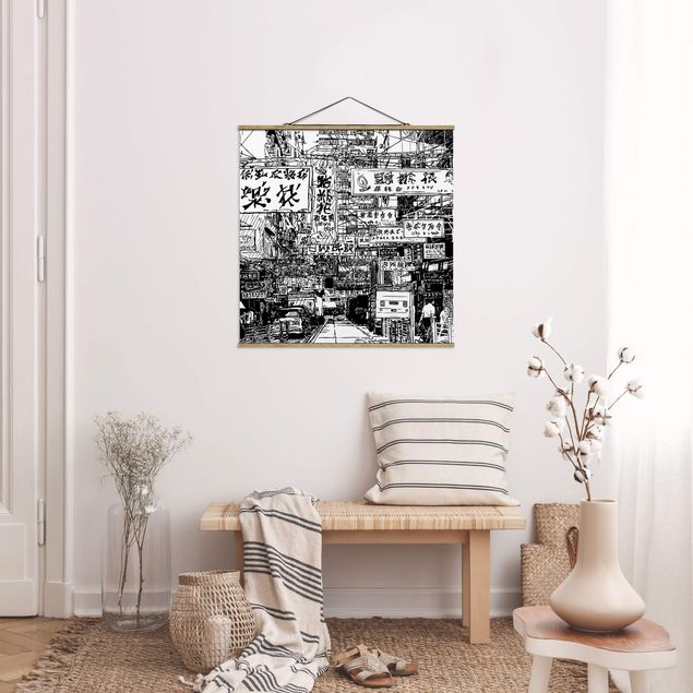 Foto su tessuto da parete con bastone - Disegno in bianco e nero strada asiatica - Quadrato 1:1