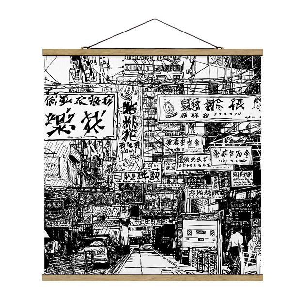 Foto su tessuto da parete con bastone - Disegno in bianco e nero strada asiatica - Quadrato 1:1