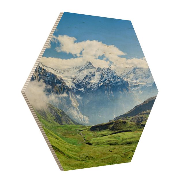 Esagono in legno - Panorama delle Alpi svizzere
