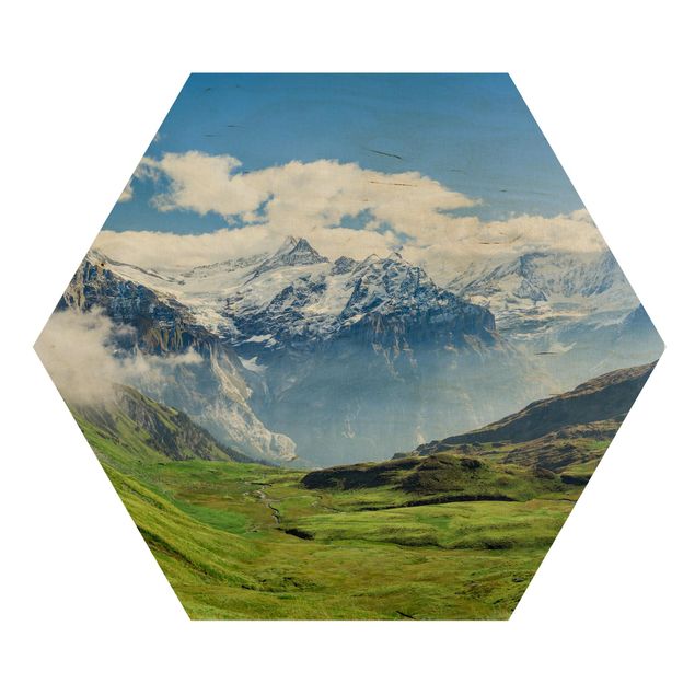 Esagono in legno - Panorama delle Alpi svizzere