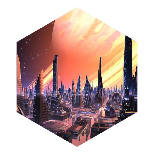 Fotomurale esagonale autoadesivo - Grande città fantascientifica con pianeta