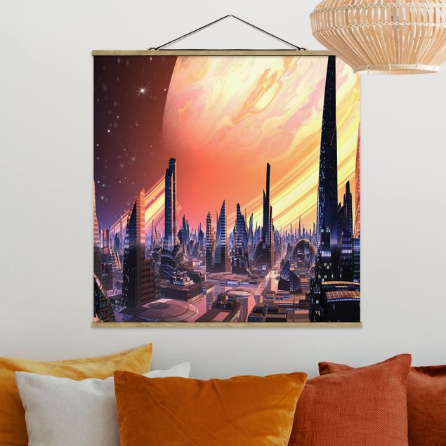Foto su tessuto da parete con bastone - Grande città fantascientifica con pianeta - Quadrato 1:1
