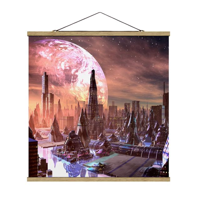 Foto su tessuto da parete con bastone - Città fantascientifica con pianeta - Quadrato 1:1
