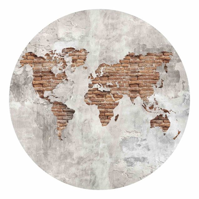 Carta da parati rotonda autoadesiva - Shabby mattone concreto mappa del mondo