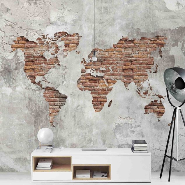 carta da parati grigia camera da letto Mappa del mondo in mattoni e cemento shabby