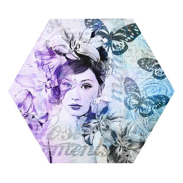 Esagono in forex - Shabby Chic Collage - Ritratto con farfalle