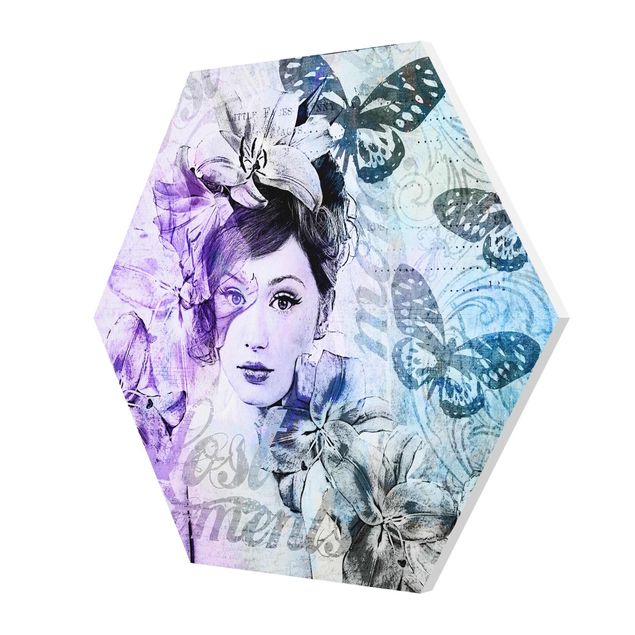 Esagono in forex - Shabby Chic Collage - Ritratto con farfalle