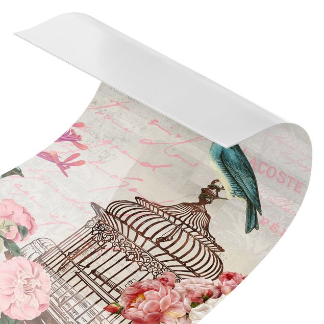 Rivestimento per doccia - Shabby Chic Collage - Fiori rosa e uccelli blu