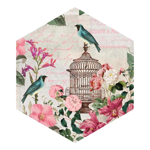 Carta da parati esagonale adesiva con disegni - Shabby Chic Collage - Fiori rosa e uccelli blu