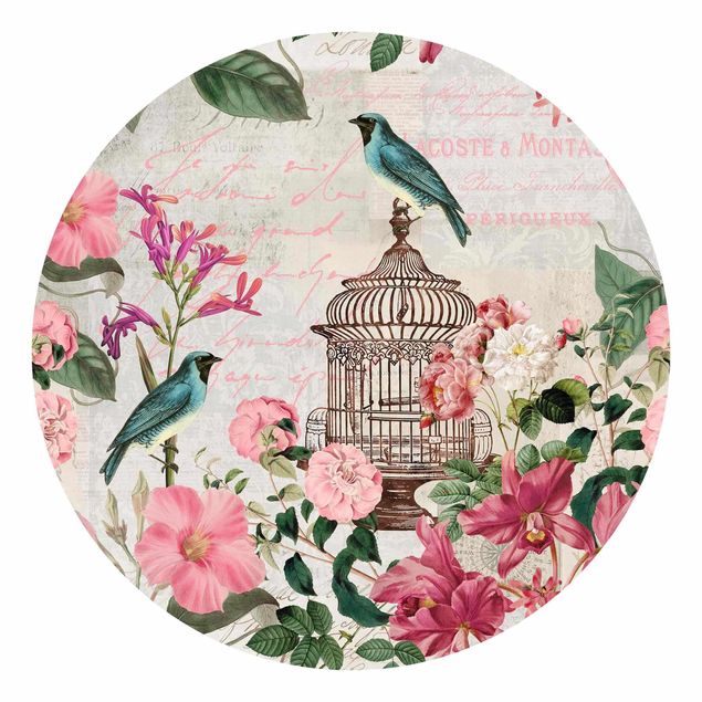 Carta da parati rotonda autoadesiva - Shabby Chic Collage - Fiori rosa e uccelli blu