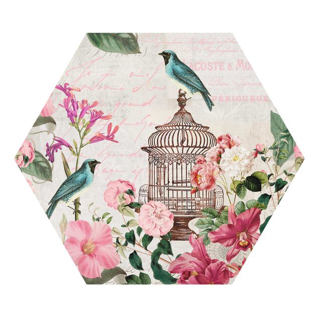 Esagono in forex - Shabby Chic Collage - Fiori rosa e uccelli blu