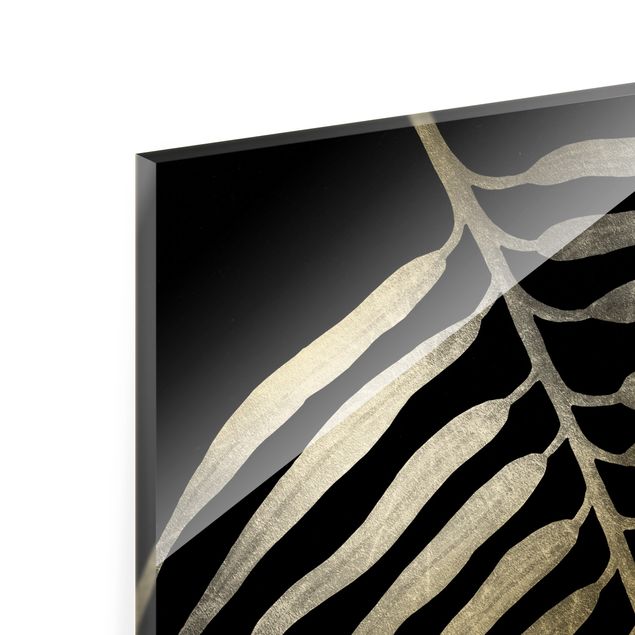 Quadro in vetro - Argento - Foglia di palma su nero II - Quadrato