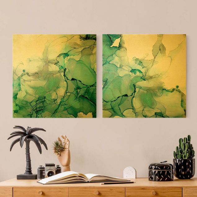 Quadri moderni per soggiorno Set Tempesta verde smeraldo