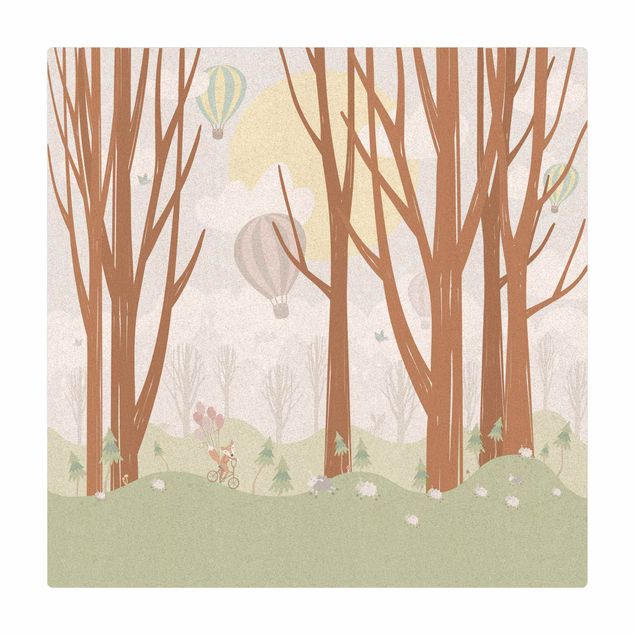 Tappetino di sughero - Sole con alberi e mongolfiere - Quadrato 1:1