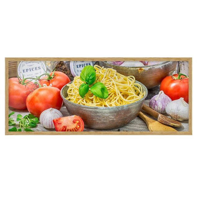 Poster con cornice - Ciotola di spaghetti con basilico