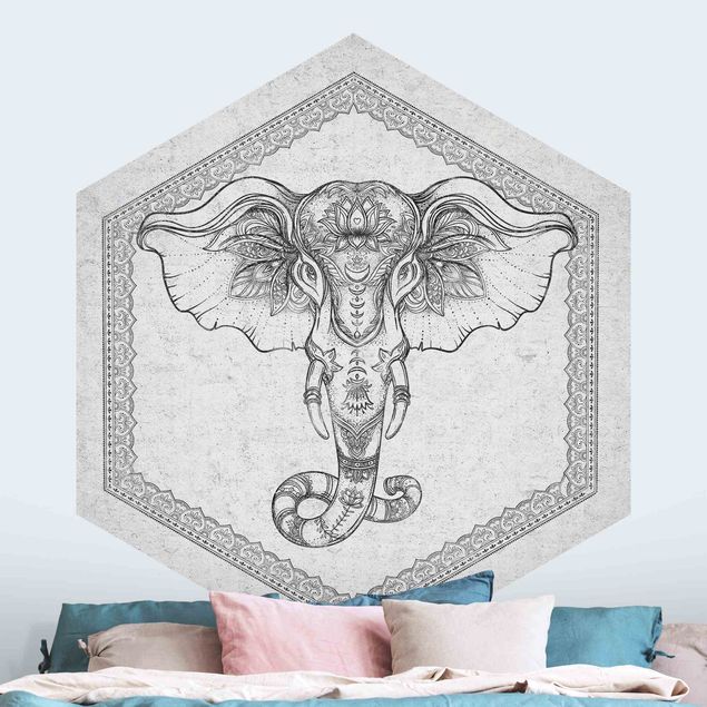 Carta da parati esagonale adesiva con disegni - Elefante spirituale in effetto cemento