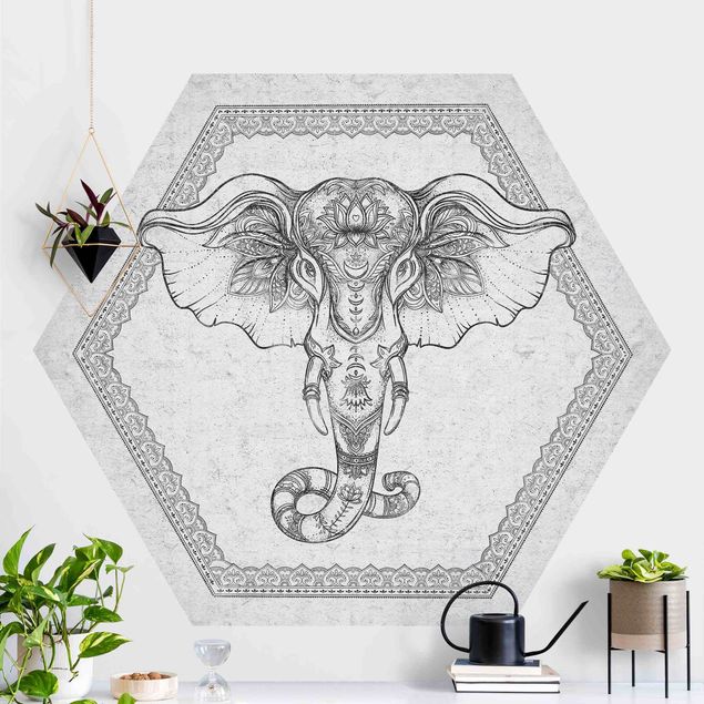 Carta da parati esagonale adesiva con disegni - Elefante spirituale in effetto cemento