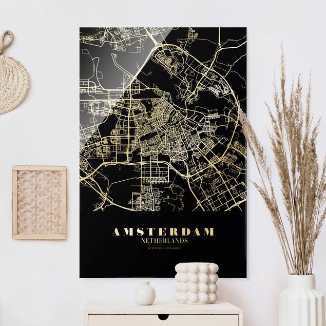 Lavagna magnetica vetro Mappa della città di Amsterdam - Nero classico