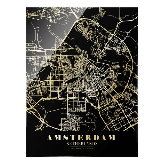 Quadro in vetro - Pianta della città Amsterdam - Classico nero - Formato verticale