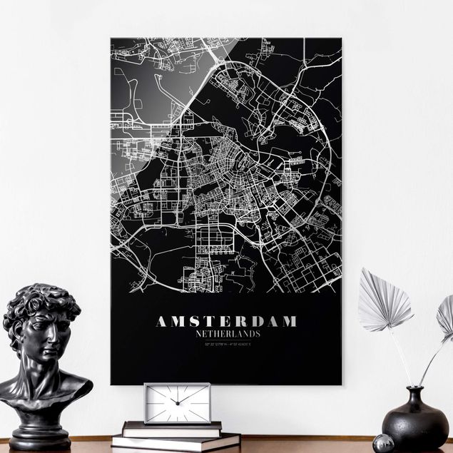 Lavagna magnetica vetro Mappa della città di Amsterdam - Nero classico