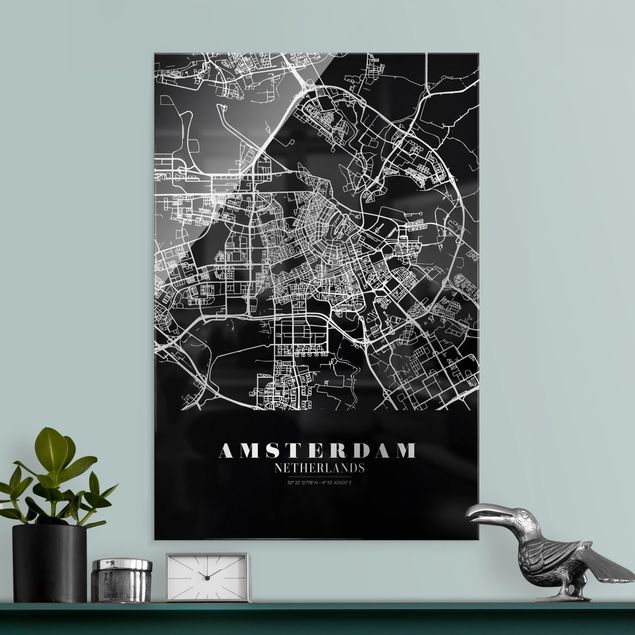 Quadro in vetro - Pianta della città Amsterdam - Classico nero - Formato verticale