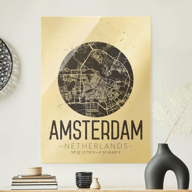 Lavagna magnetica vetro Mappa della città di Amsterdam - Retrò