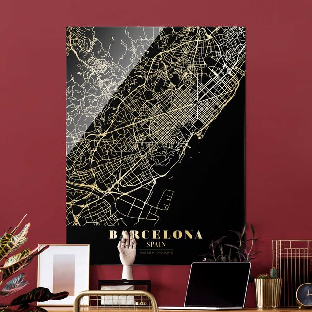 Quadro in vetro - Pianta della città Barcellona - Classico nero - Formato verticale