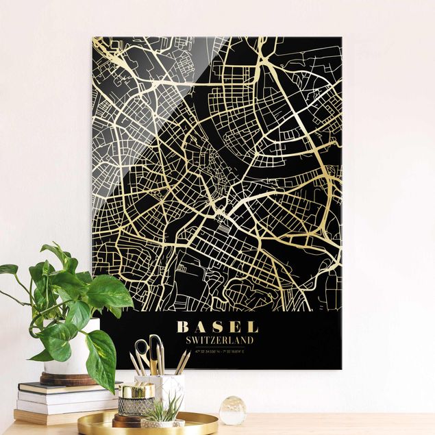 Lavagna magnetica vetro Mappa della città di Basilea - Nero classico
