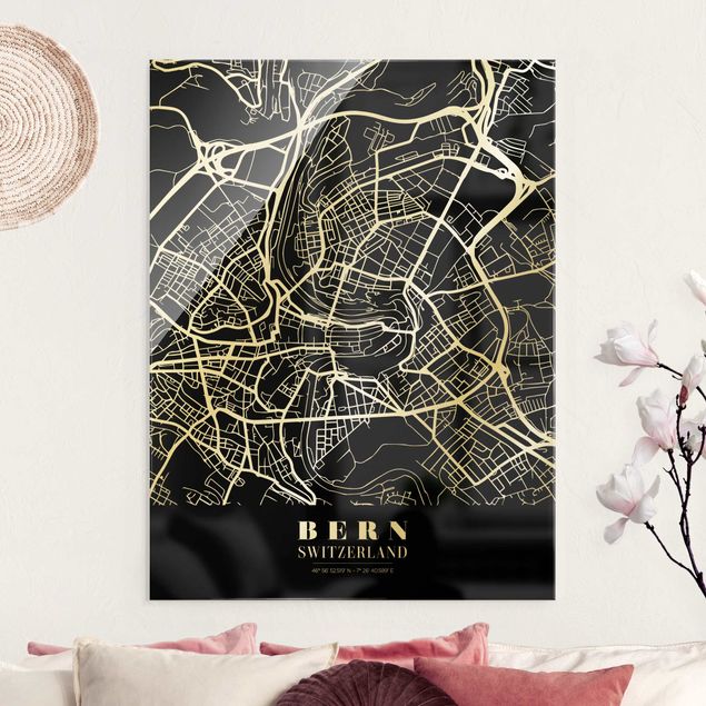 Lavagna magnetica vetro Mappa della città di Berna - Nero classico