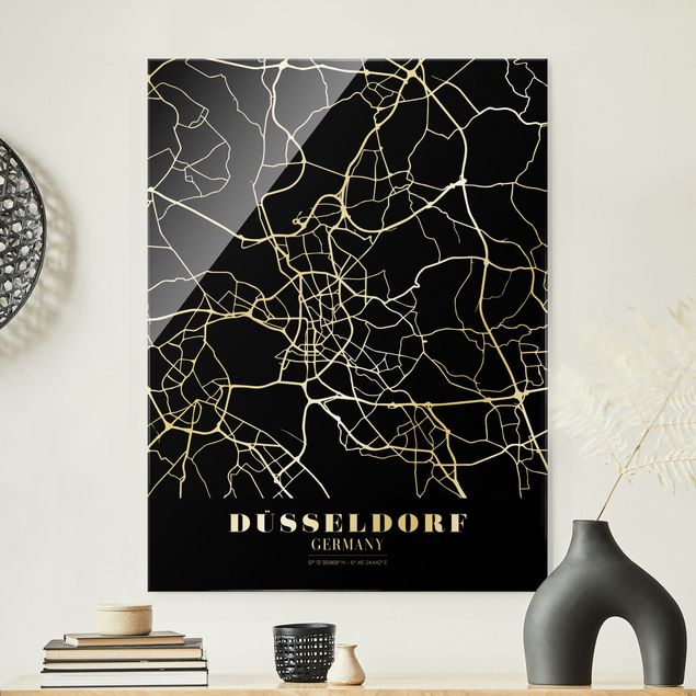 Lavagna magnetica vetro Mappa della città di Dusseldorf - Nero classico