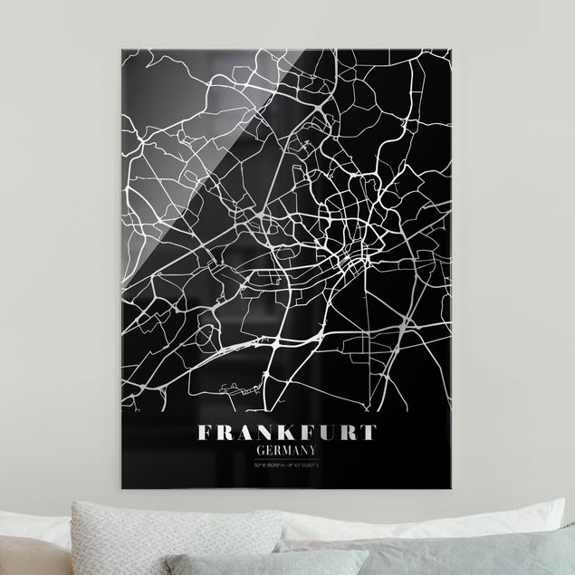 Quadro in vetro - Pianta della città Francoforte - Classico nero - Formato verticale