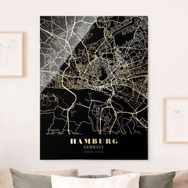 Lavagna magnetica vetro Mappa di Amburgo - Nero classico