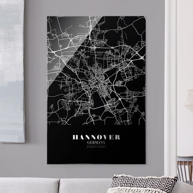Quadro in vetro - Pianta della città Hannover - Classico nero - Formato verticale