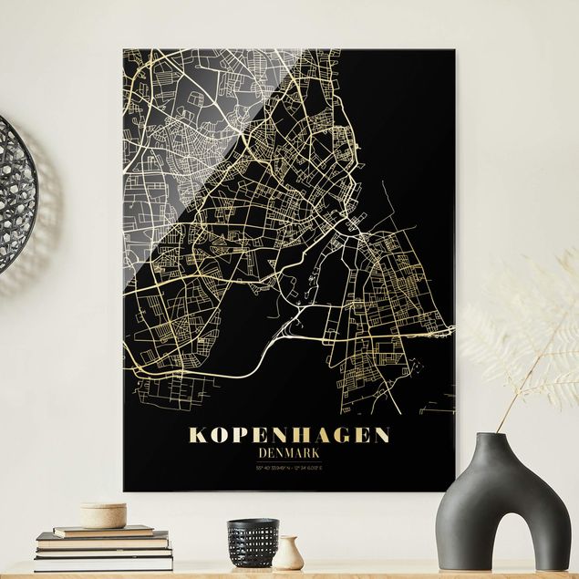 Lavagna magnetica vetro Mappa della città di Copenaghen - Nero classico
