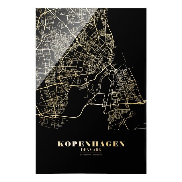 Quadro in vetro - Pianta della città Copenaghen - Classico in nero - Formato verticale