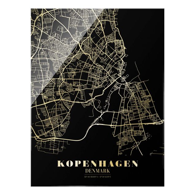 Quadro in vetro - Pianta della città Copenaghen - Classico in nero - Formato verticale