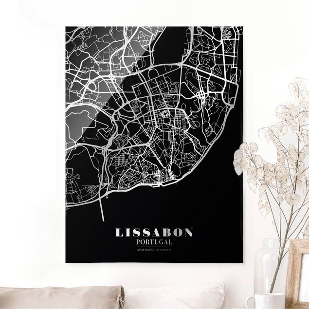 Lavagna magnetica vetro Mappa di Lisbona - Nero classico